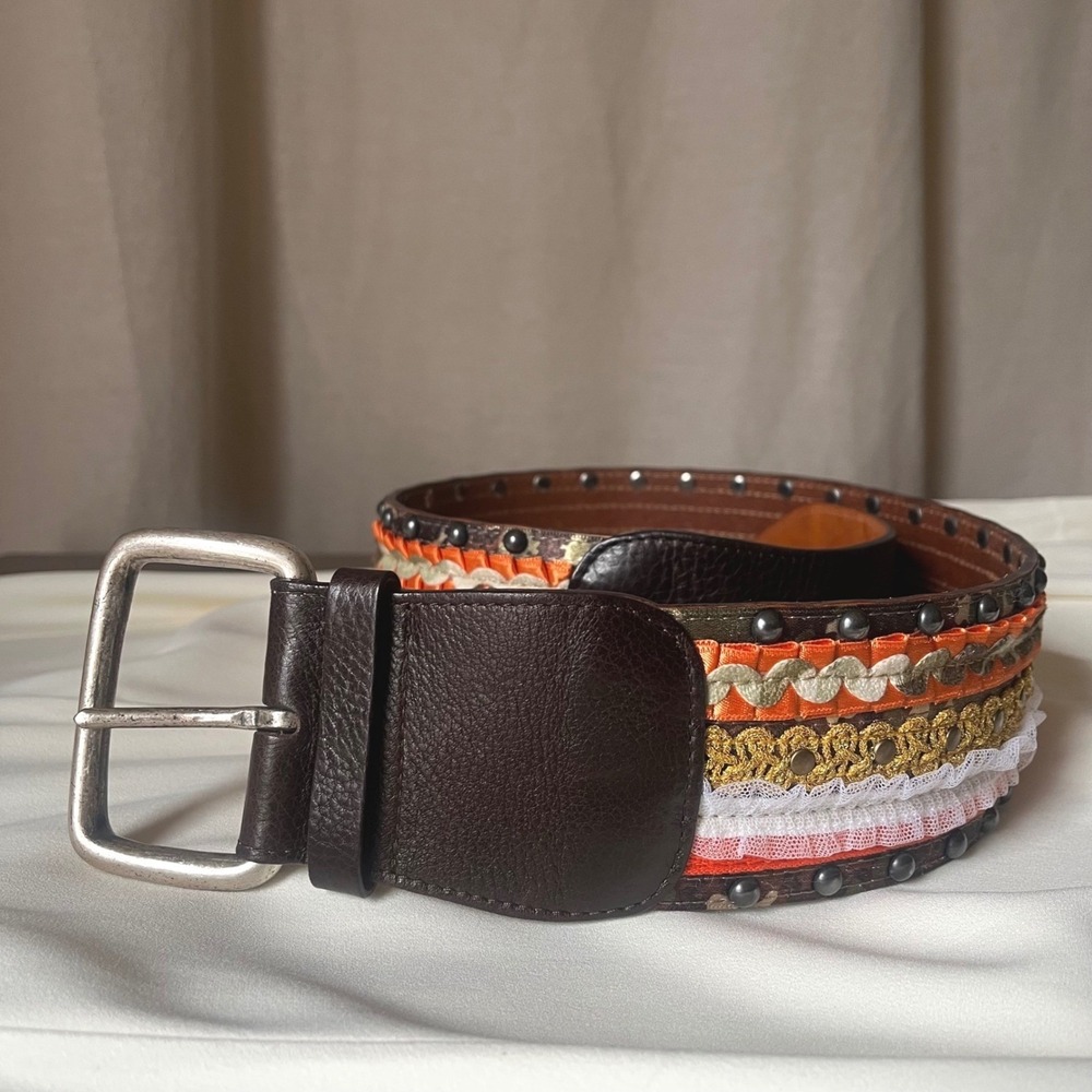 Orciani Boho Wide Leather Studded Ribbon Belt Italy‎ Size 80 Statement